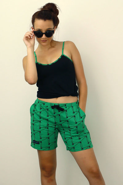 ladies womens sleep shorts summer 'safety first' green with model