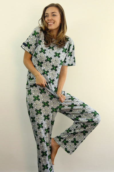 womens long pyjama pants 190 gsm 'Band-aids & Broken Bones' grey 