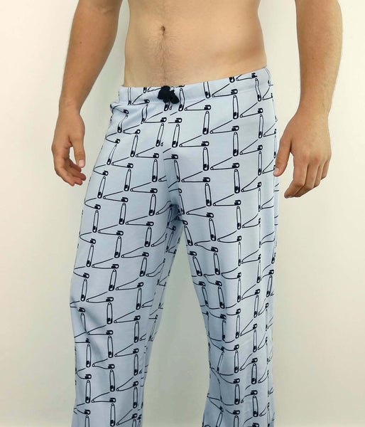 mens long pyjama pants 190 gsm safety pins blue grey