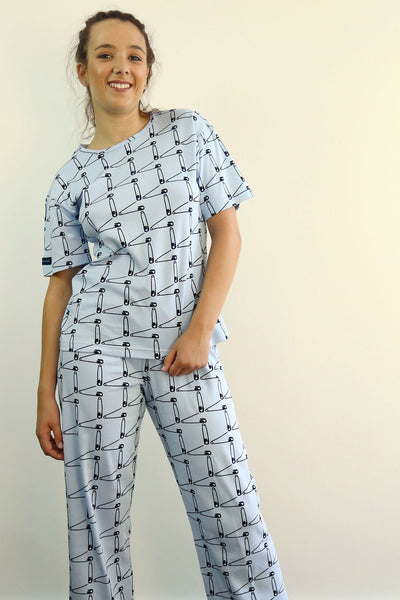 ladies long pyjama pants 190 gsm safety pins blue grey